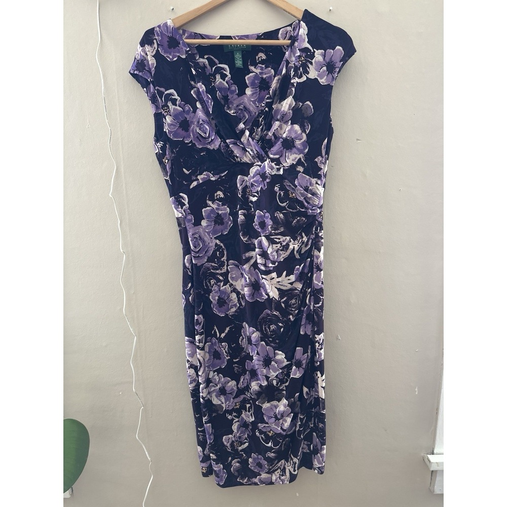 Lauren Ralph Lauren Women Floral Sheath Dress Size 8 Purple Wedding Guest Career